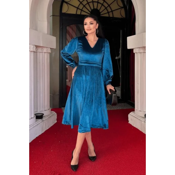 Kadın Uzun Kollu V Yaka Kuşak Dahil Kadife Kumaş Midi Boy Elbise