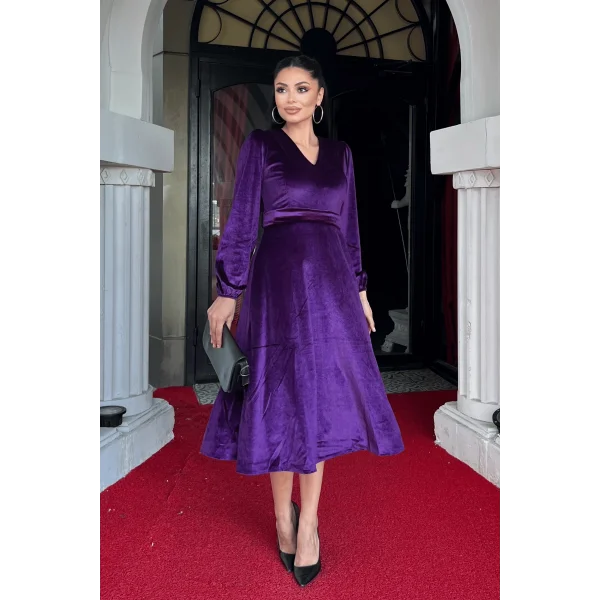 Kadın Uzun Kollu V Yaka Kuşak Dahil Kadife Kumaş Midi Boy Elbise