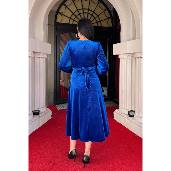 Kadın Uzun Kollu V Yaka Kuşak Dahil Kadife Kumaş Midi Boy Elbise