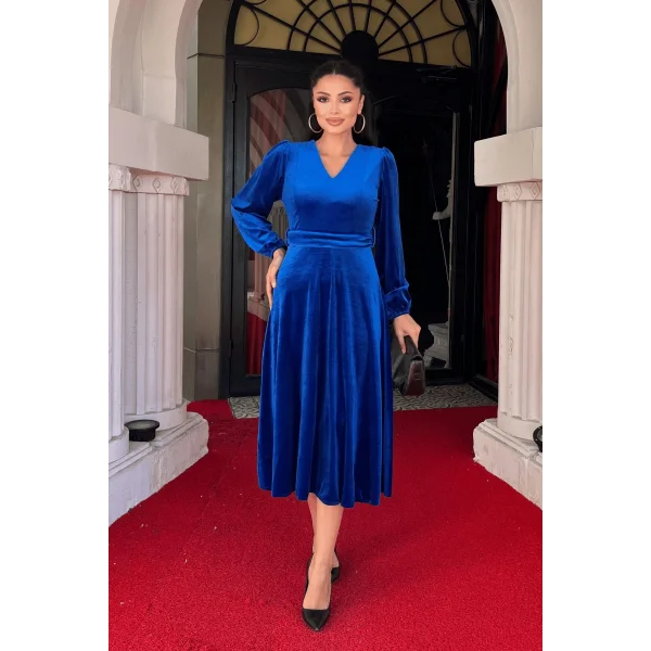 Kadın Uzun Kollu V Yaka Kuşak Dahil Kadife Kumaş Midi Boy Elbise