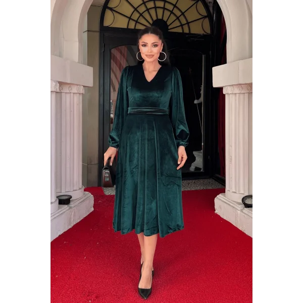 Kadın Uzun Kollu V Yaka Kuşak Dahil Kadife Kumaş Midi Boy Elbise