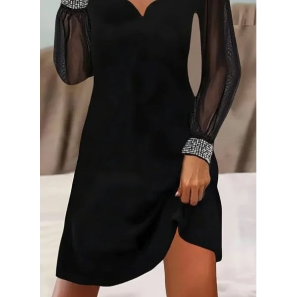 Kadın Uzun Kollu V Yaka Lazer Kesimli Tül Detaylı Mini Ithal Krep Elbise