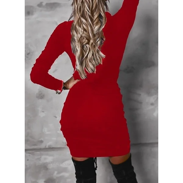 Kadın Uzun Kollu V Yaka önden Yırtmaç Büzgü Detay Kaşkorse Mini Boy Elbise