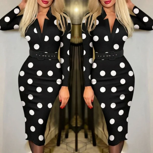 Kadın Uzun Kollu V Yaka Puantiyeli Krep Midi Boy Elbise