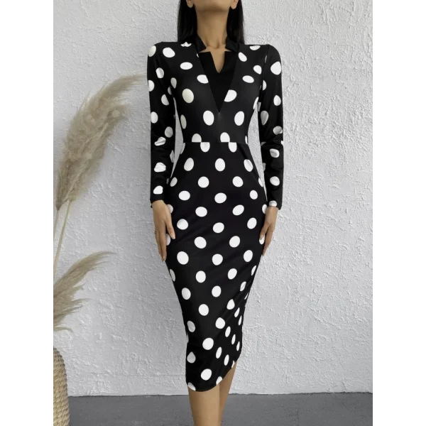 Kadın Uzun Kollu V Yaka Puantiyeli Krep Midi Boy Elbise