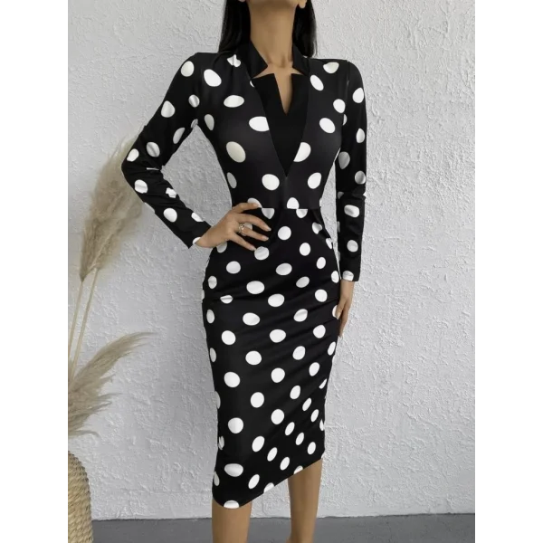 Kadın Uzun Kollu V Yaka Puantiyeli Krep Midi Boy Elbise