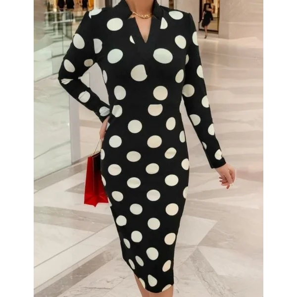 Kadın Uzun Kollu V Yaka Puantiyeli Krep Midi Boy Elbise