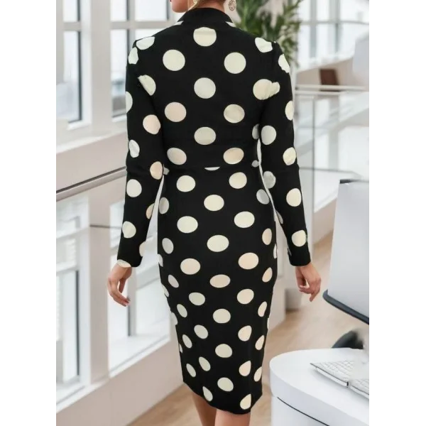 Kadın Uzun Kollu V Yaka Puantiyeli Krep Midi Boy Elbise