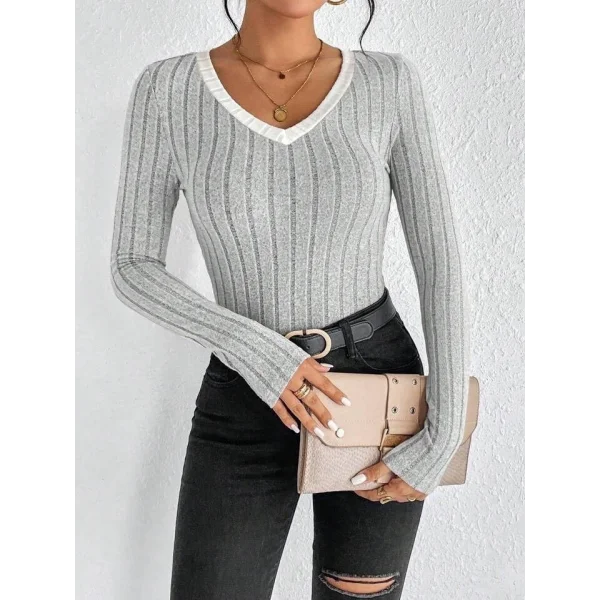 Kadın Uzun Kollu V Yaka Ribana Detay Fitilli Kaşkorse Kumaş Bluz