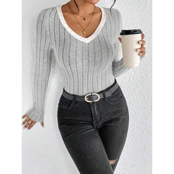 Kadın Uzun Kollu V Yaka Ribana Detay Fitilli Kaşkorse Kumaş Bluz