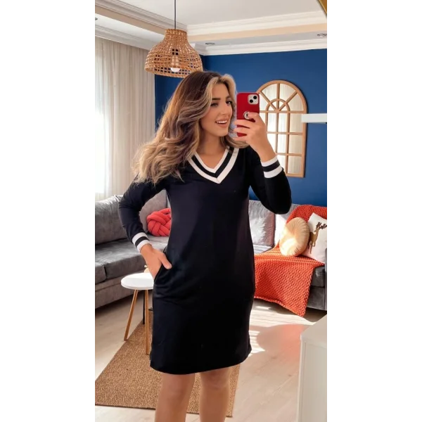 Kadın Uzun Kollu V Yaka şeritli Iki Iplik Salaş Elbise