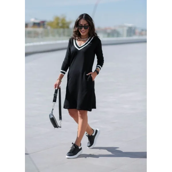 Kadın Uzun Kollu V Yaka şeritli Iki Iplik Salaş Elbise