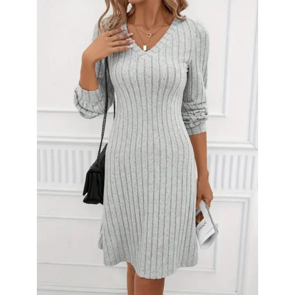 Kadın Uzun Kollu V Yaka Uzun Kol şardonlu Kaşkorse Midi Elbise