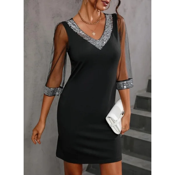 Kadın Uzun Kollu V Yaka Ve Kol Ucu Pul Payet Krep Elbise