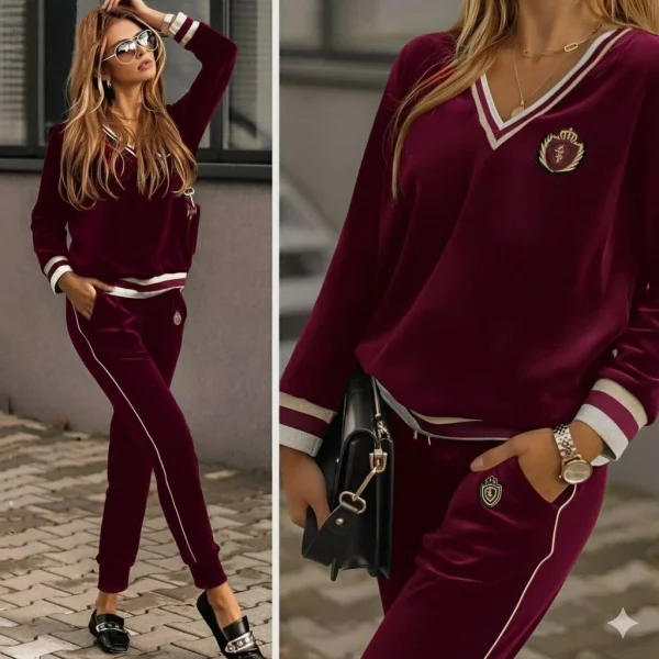 Kadın Uzun Kollu V Yaka Yakası Ve Kol Ağzı şerit Detay Kadife Takım