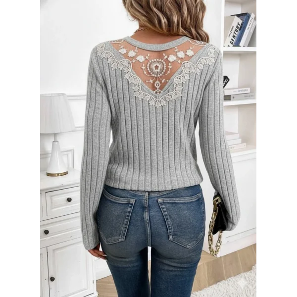 Kadın Uzun Kollu V Yakalı Arkadan Dantel Detaylı şardonlu Kaşkorse Bluz