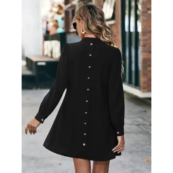Kadın Uzun Kollu V Yakalı Arkadan Düğmeli Mini Ithal Krep Elbise