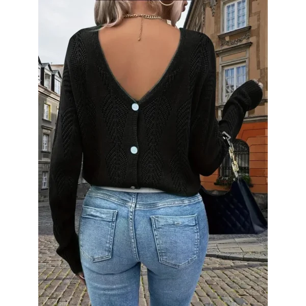 Kadın Uzun Kollu V Yakalı Arkası Düğmeli Triko Bluz
