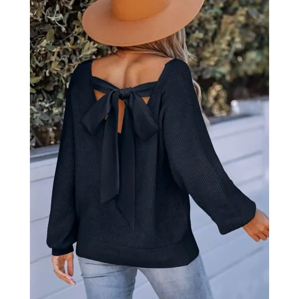 Kadın Uzun Kollu V Yakalı Arkası Kurdelalı Triko Bluz