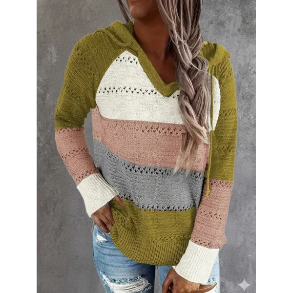 Kadın Uzun Kollu V Yakalı Bağcıklı Kapşonlu Triko Bluz