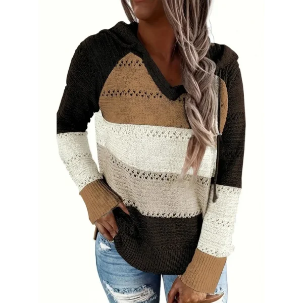 Kadın Uzun Kollu V Yakalı Bağcıklı Kapşonlu Triko Bluz