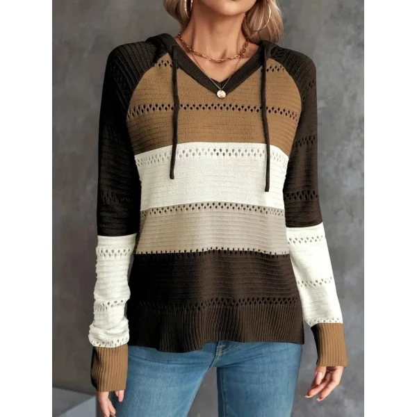 Kadın Uzun Kollu V Yakalı Bağcıklı Kapşonlu Triko Bluz