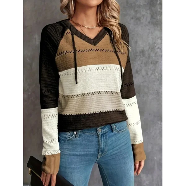 Kadın Uzun Kollu V Yakalı Bağcıklı Kapşonlu Triko Bluz