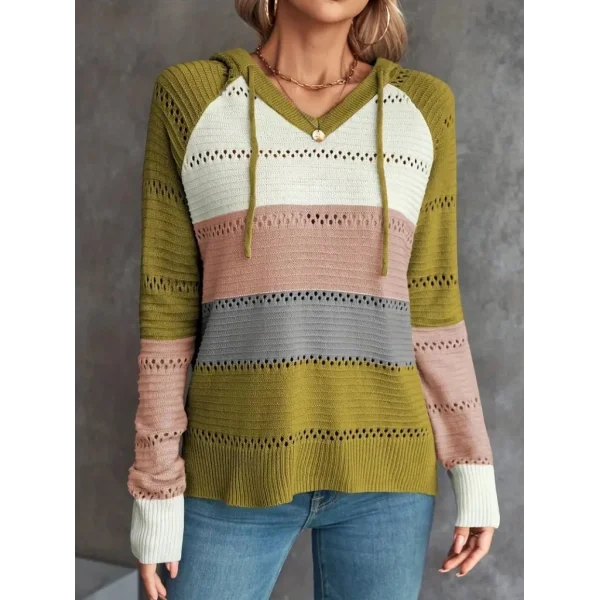 Kadın Uzun Kollu V Yakalı Bağcıklı Kapşonlu Triko Bluz