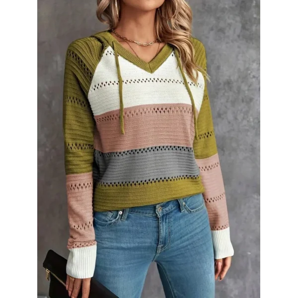 Kadın Uzun Kollu V Yakalı Bağcıklı Kapşonlu Triko Bluz