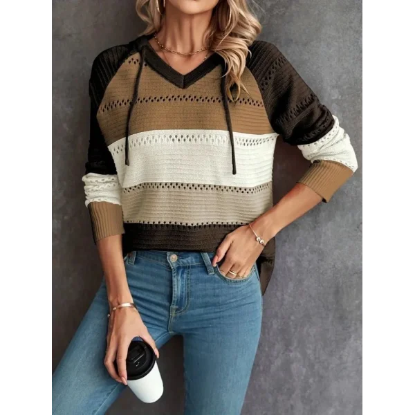 Kadın Uzun Kollu V Yakalı Bağcıklı Kapşonlu Triko Bluz