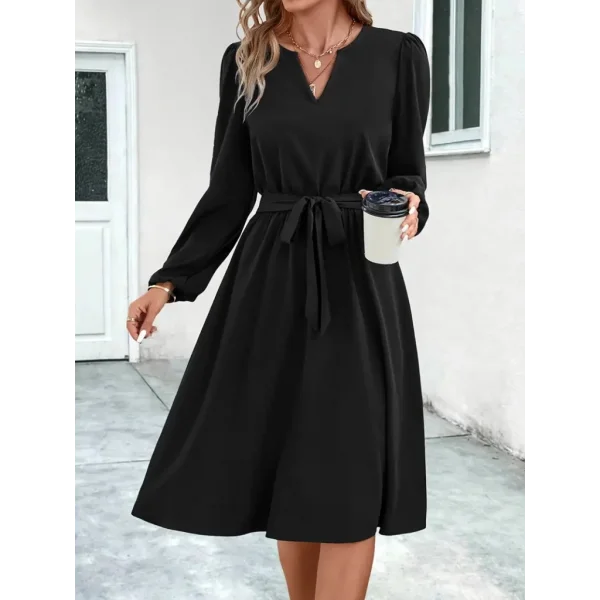 Kadın Uzun Kollu V Yakalı Belden Kuşaklı Kiloş Krep Elbise