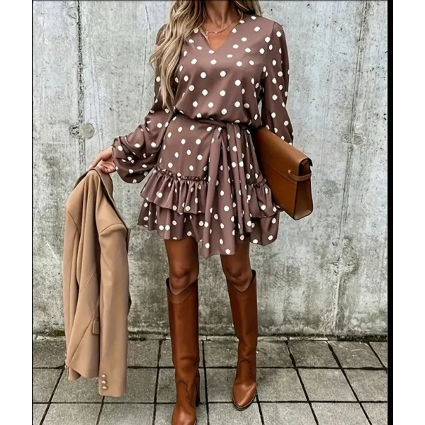 Kadın Uzun Kollu V Yakalı Belden Kuşaklı Puantiyeli Mini Modal Elbise