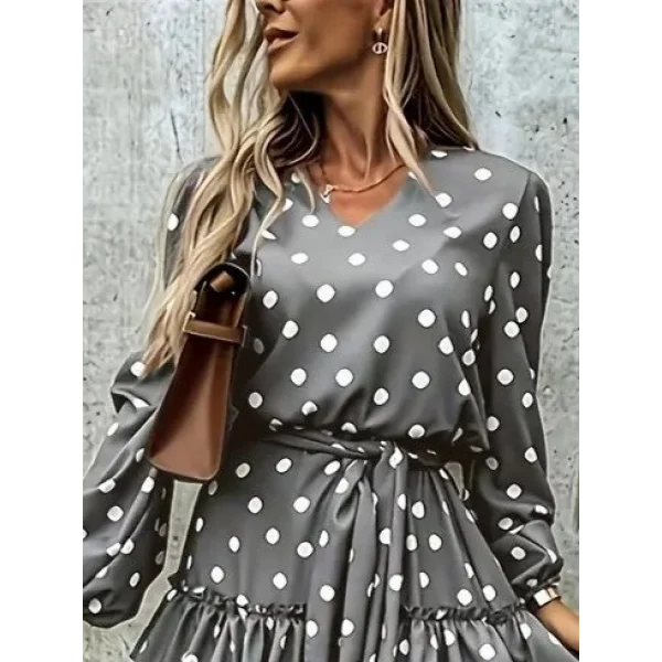 Kadın Uzun Kollu V Yakalı Belden Kuşaklı Puantiyeli Mini Modal Elbise