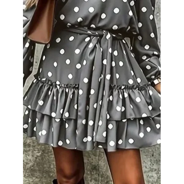 Kadın Uzun Kollu V Yakalı Belden Kuşaklı Puantiyeli Mini Modal Elbise