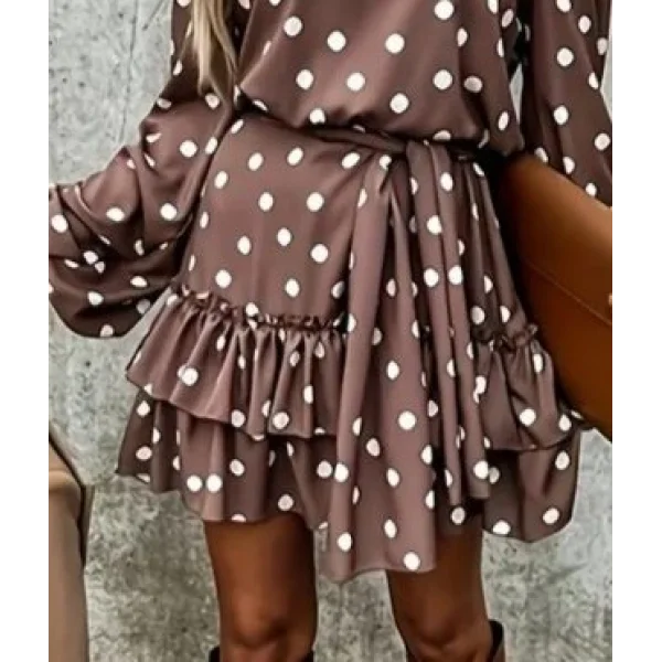 Kadın Uzun Kollu V Yakalı Belden Kuşaklı Puantiyeli Mini Modal Elbise