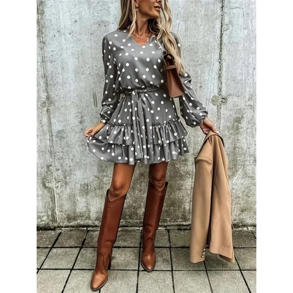 Kadın Uzun Kollu V Yakalı Belden Kuşaklı Puantiyeli Mini Modal Elbise