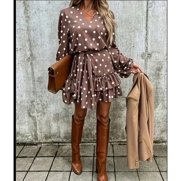 Kadın Uzun Kollu V Yakalı Belden Kuşaklı Puantiyeli Mini Modal Elbise