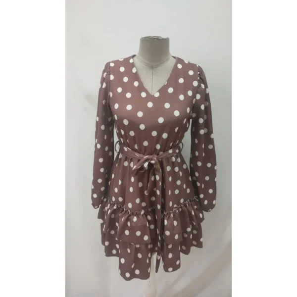 Kadın Uzun Kollu V Yakalı Belden Kuşaklı Puantiyeli Mini Modal Elbise