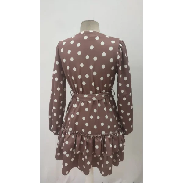 Kadın Uzun Kollu V Yakalı Belden Kuşaklı Puantiyeli Mini Modal Elbise