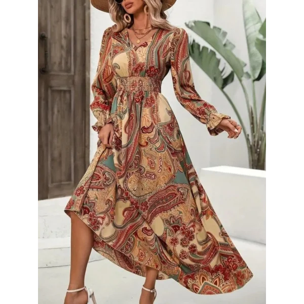 Kadın Uzun Kollu V Yakalı Beli Lastikli Desenli Süprem Elbise