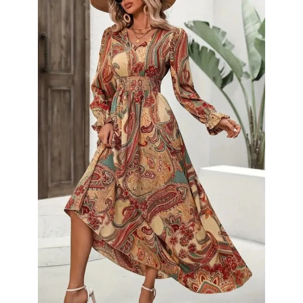 Kadın Uzun Kollu V Yakalı Beli Lastikli Desenli Süprem Elbise