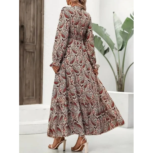 Kadın Uzun Kollu V Yakalı Beli Lastikli Desenli Süprem Elbise