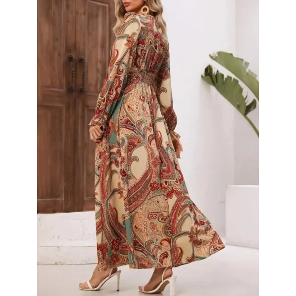 Kadın Uzun Kollu V Yakalı Beli Lastikli Desenli Süprem Elbise