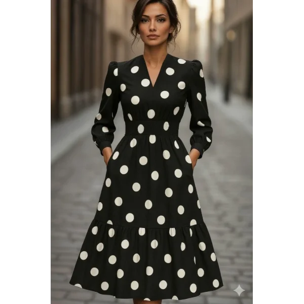 Kadın Uzun Kollu V Yakalı Beli Lastikli Puantiyeli Uzun Krep Elbise