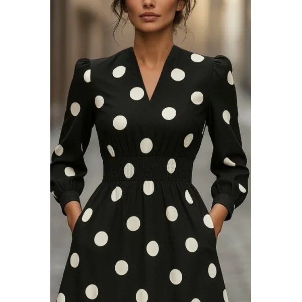 Kadın Uzun Kollu V Yakalı Beli Lastikli Puantiyeli Uzun Krep Elbise