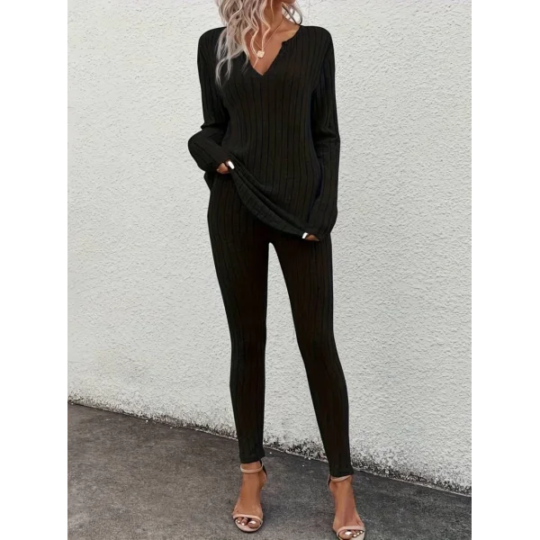 Kadın Uzun Kollu V Yakalı Bluz Alt Tayt şardonlu Kaşkorse Ikili Takım