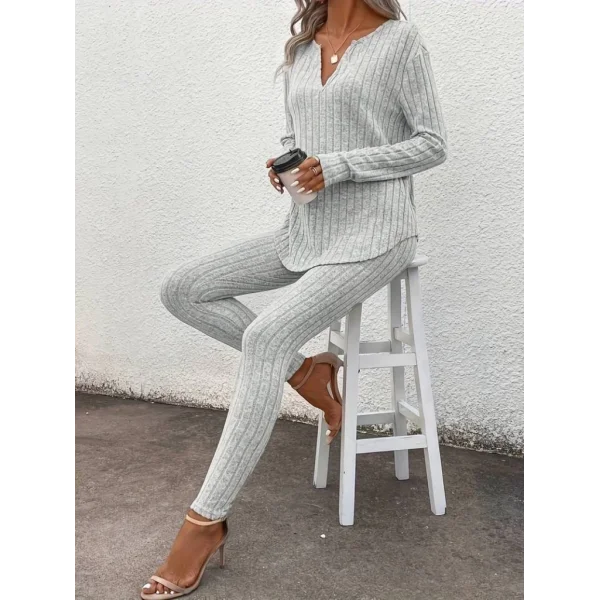 Kadın Uzun Kollu V Yakalı Bluz Alt Tayt şardonlu Kaşkorse Ikili Takım