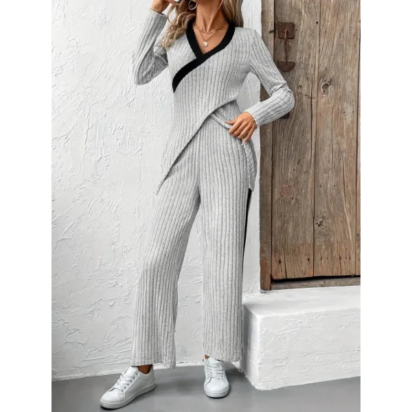 Kadın Uzun Kollu V Yakalı çapraz Detaylı şardonlu Kaşkorse Bluz Ve Pantolon Ikili Takım