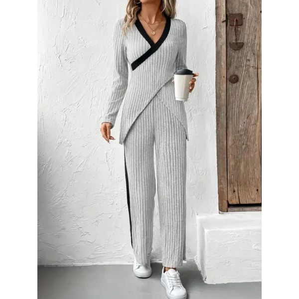 Kadın Uzun Kollu V Yakalı çapraz Detaylı şardonlu Kaşkorse Bluz Ve Pantolon Ikili Takım