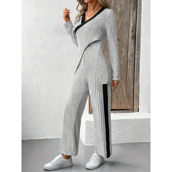 Kadın Uzun Kollu V Yakalı çapraz Detaylı şardonlu Kaşkorse Bluz Ve Pantolon Ikili Takım